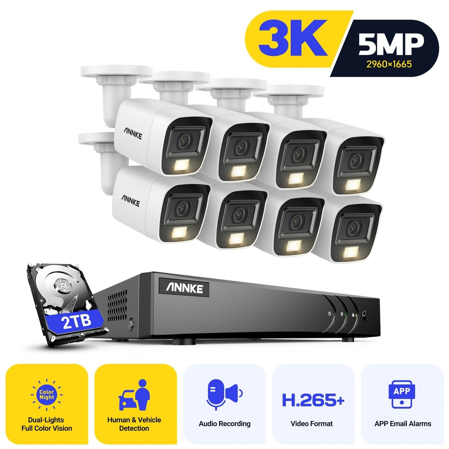 3K HD Beveiligingssysteem – Camerasysteem – Camerabewaking – CCTV Set – Video Bewaking – 16 Kanaals DVR – Met Microfoon En Dual Light Nachtzicht – 2TB Opslag