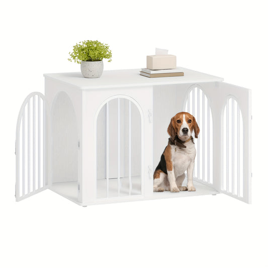 Dog Cage Furniture, 80 Cm Home Dog Cage, 3 Doors, Arched Door, Modern Indoor Dog Cage, Side Table, Heavy-Duty Dog Cage, 56 X 80 X 61 Cm, White/Light Ivory Color.