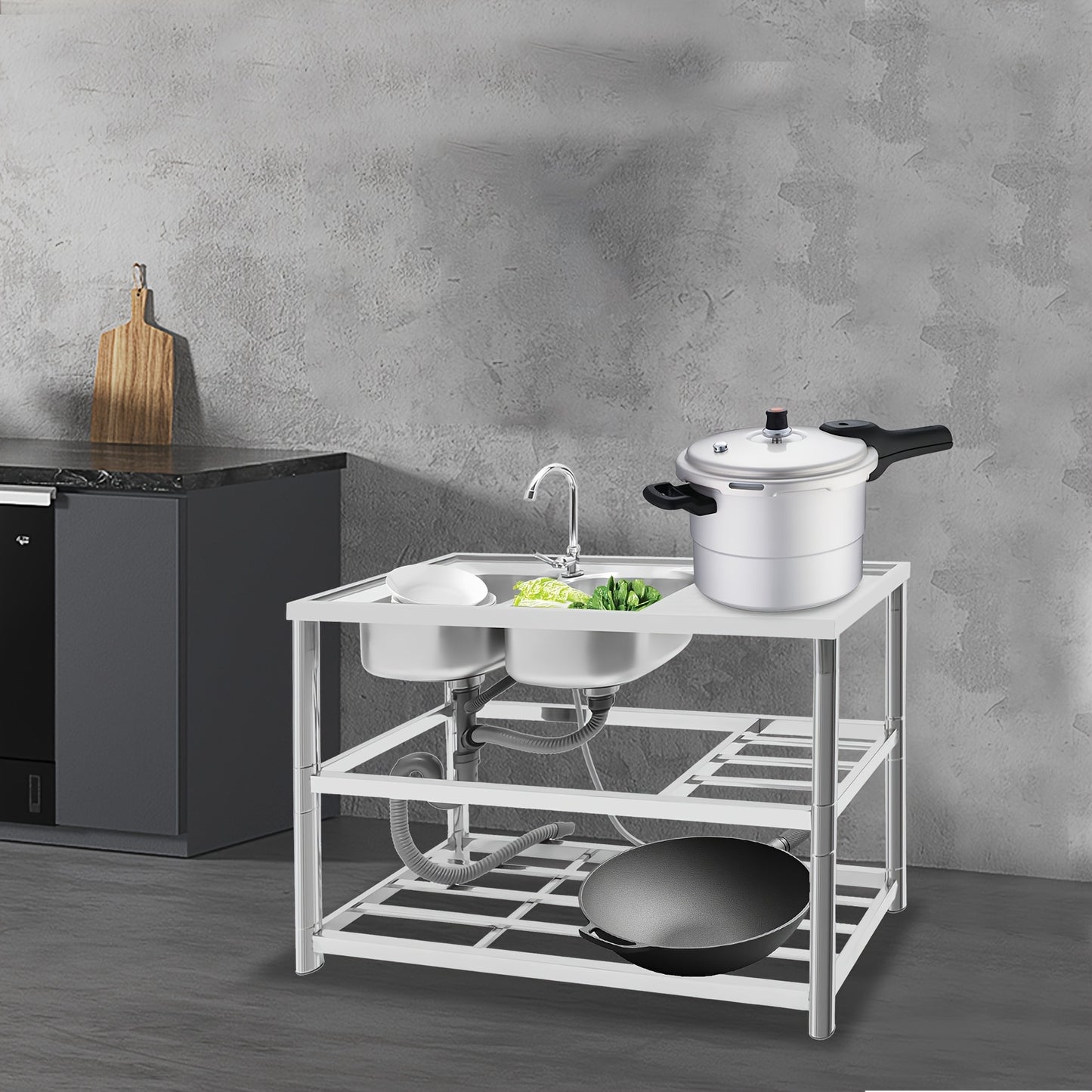 Vrijstaande Spoeltafel – RVS Werktafel – Dubbele Spoelbak – Keukentafel – Afwastegel – Roestvrij Staal – 120x45x80 cm – 360° Draaibare Kraan