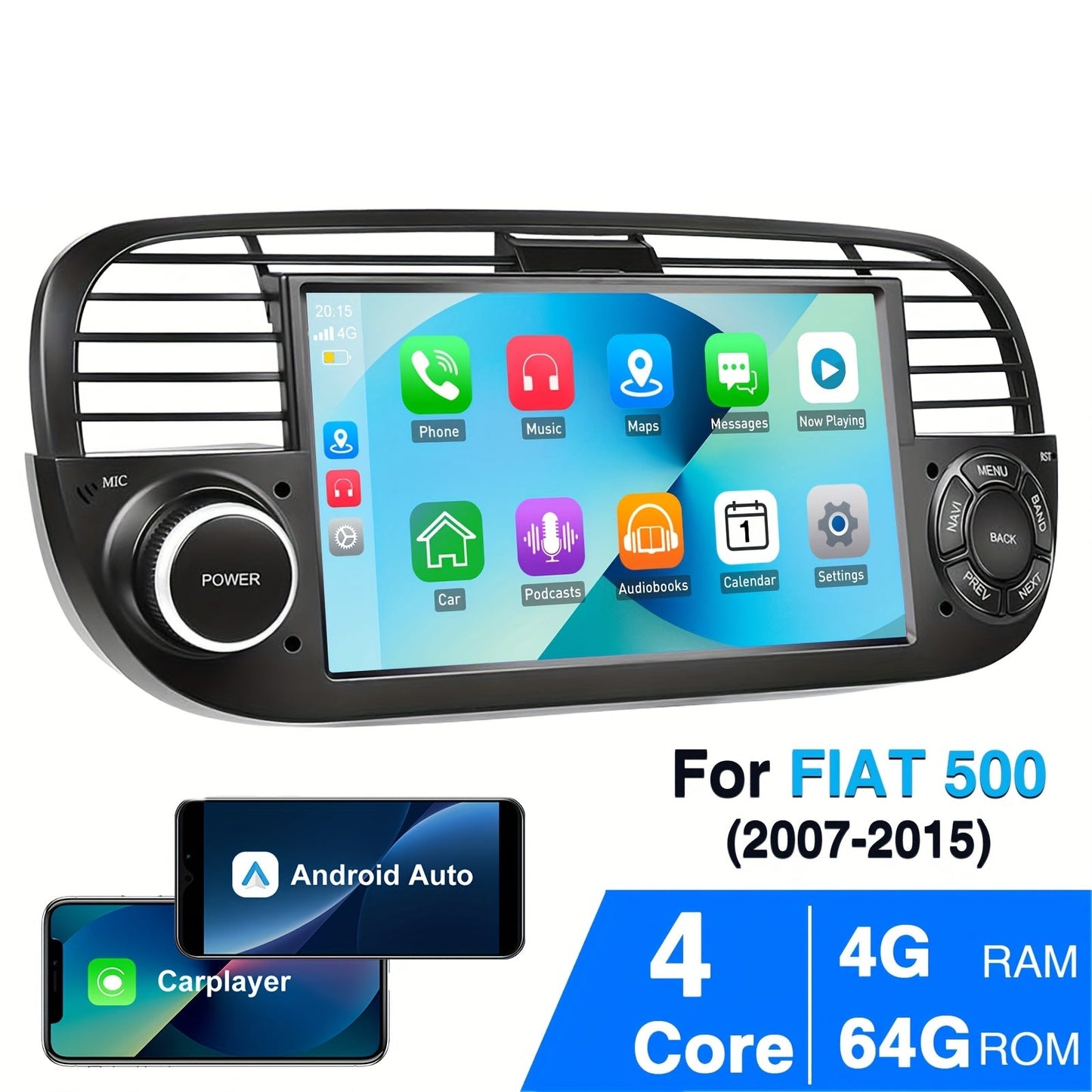 Autoradio – Multimedia Speler – 2 DIN Systeem – Auto Stereo – Navigatie Radio – 7 Inch HD Touchscreen – Android 14 Met 4G & 64GB Intern Geheugen – Draadloze CarPlay & WiFi – Geschikt Voor Fiat 500 2007-2015 – Zwart