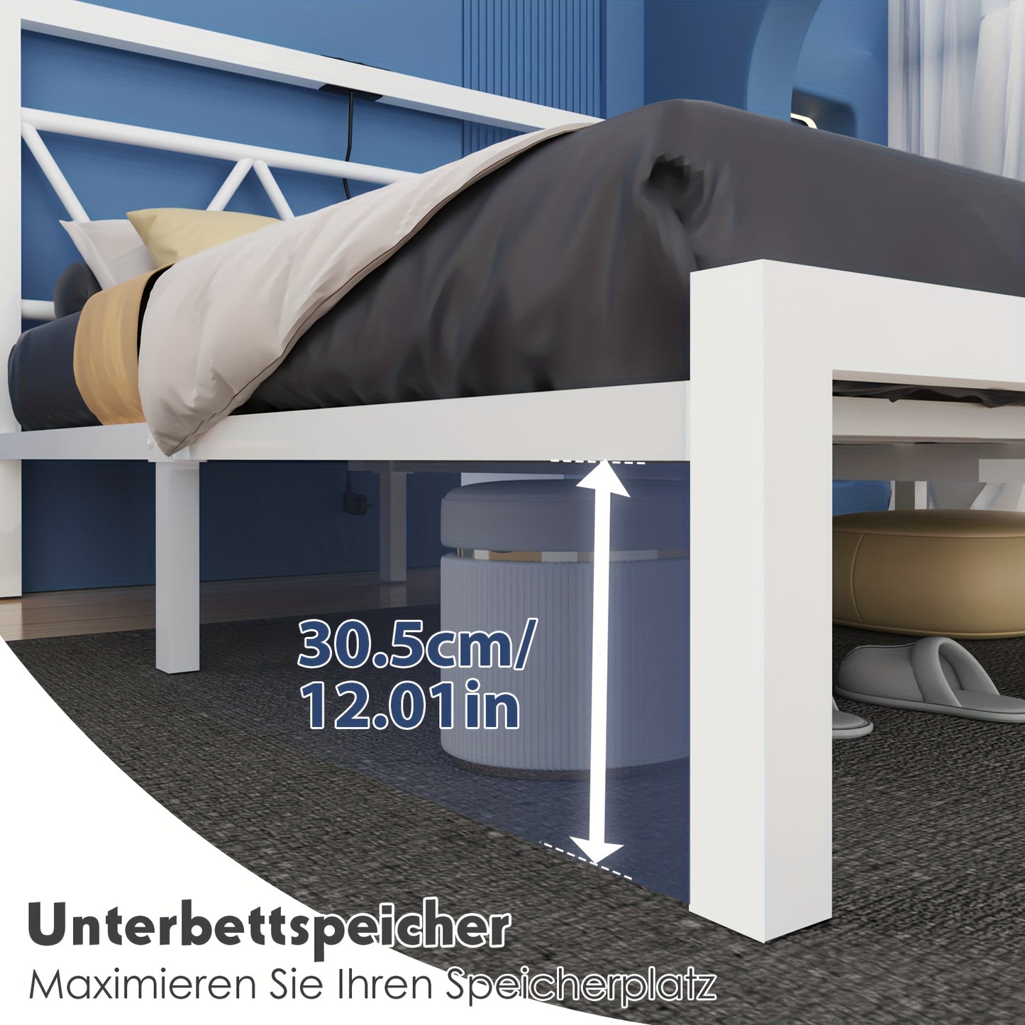 140x200 cm Eenpersoonsbed Frame met Oplaadstation – Metalen Platformbed met Hoofdeinde – Wit, Modern en Minimalistisch