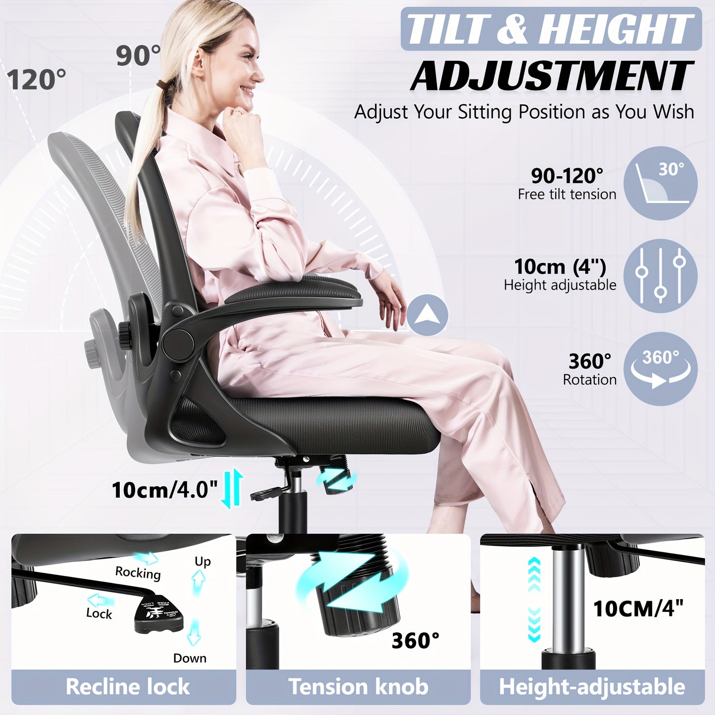 KERDOM Ergonomic Office Chair with Adjustable Height, 3D Lumbar Support & Breathable Mesh Back - Heavy-Duty Metal Frame, 360° Swivel Rolling Desk Chair with Flip-Up Armrests, Space-Saving Mid-Back Computer Chair for Home & O
