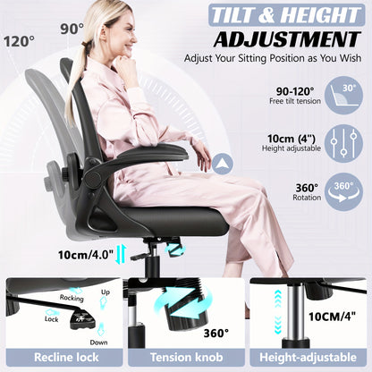 KERDOM Ergonomic Office Chair with Adjustable Height, 3D Lumbar Support & Breathable Mesh Back - Heavy-Duty Metal Frame, 360° Swivel Rolling Desk Chair with Flip-Up Armrests, Space-Saving Mid-Back Computer Chair for Home & O