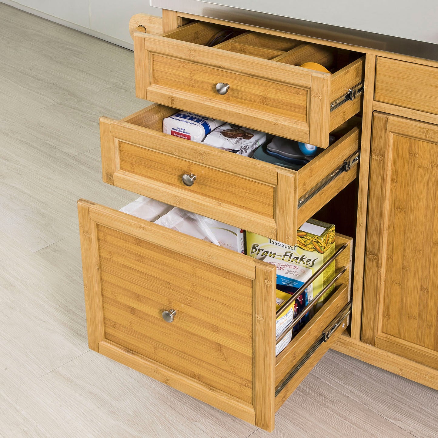 Keukentrolley – Keukenwagen – Serveerwagen – Werkbank op Wielen – Barwagen – Roestvrijstalen Werkblad – Vier Laden – Verstelbare Plank – 115x92x46 cm