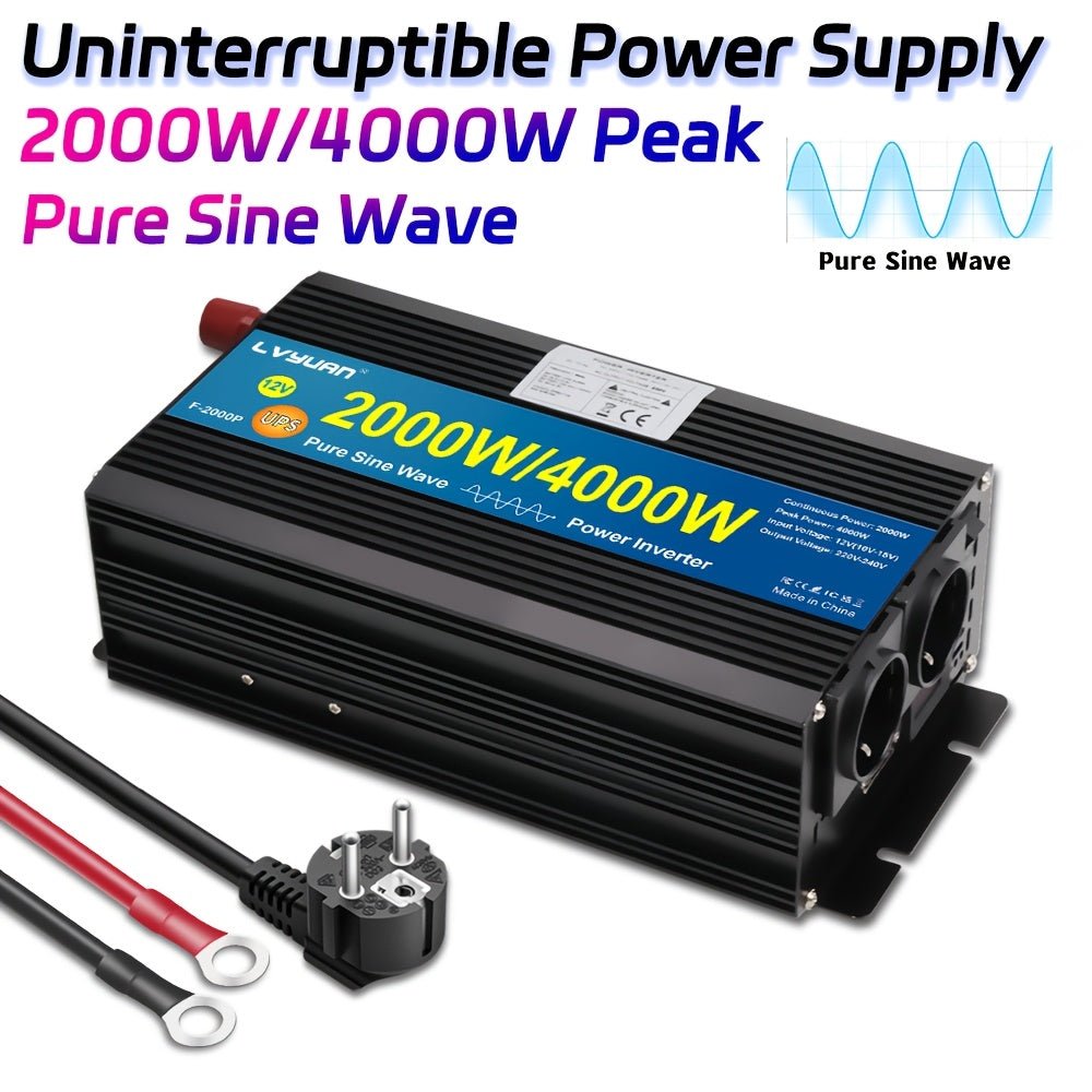 12V Naar 240V Omvormer – Spanningsomzetter – Stroomconverter – Power Inverter – Zuivere Sinusgolf – 2000W Continu Vermogen – LCD Display