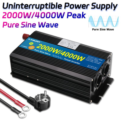 12V Naar 240V Omvormer – Spanningsomzetter – Stroomconverter – Power Inverter – Zuivere Sinusgolf – 2000W Continu Vermogen – LCD Display