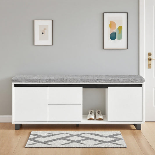 Schoenenkast – Schoenenrek – Schoenenbank – Opbergkast – Entreebank – Met Zitvlak En Lades – Compact Wit MDF – 110x35x42 cm