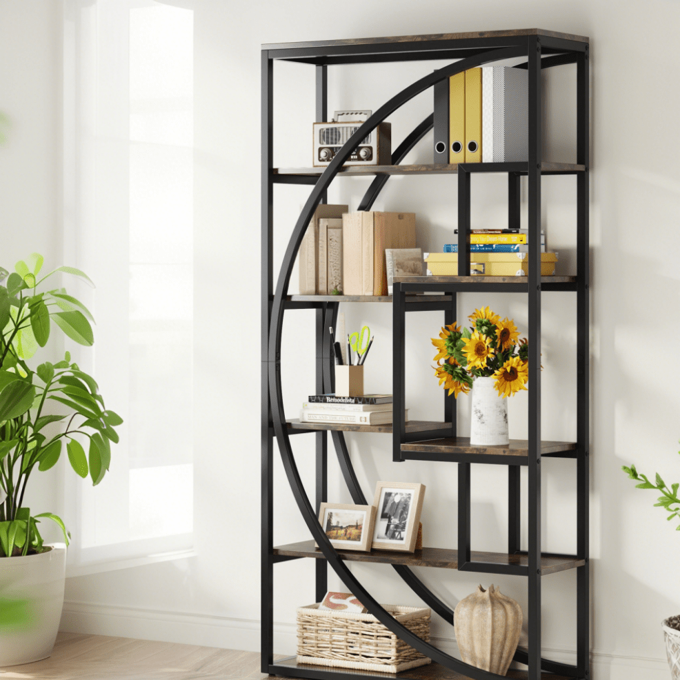 Industriële Boekenkast – Boekenplank – Wandrek – Opbergkast – Displaykast – 179,8 cm Hoog – Zwart Metalen Frame & Bruine Houten Planken – Stevige 6-Lagen Opslag