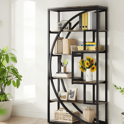 Industriële Boekenkast – Boekenplank – Wandrek – Opbergkast – Displaykast – 179,8 cm Hoog – Zwart Metalen Frame & Bruine Houten Planken – Stevige 6-Lagen Opslag