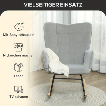 Schommelstoel – Relaxstoel – Fauteuil – Loungestoel – Voedingsstoel – Lichtgrijs Fluwelen Bekleding – Met Houten Sledes en Stabiel Metalen Frame