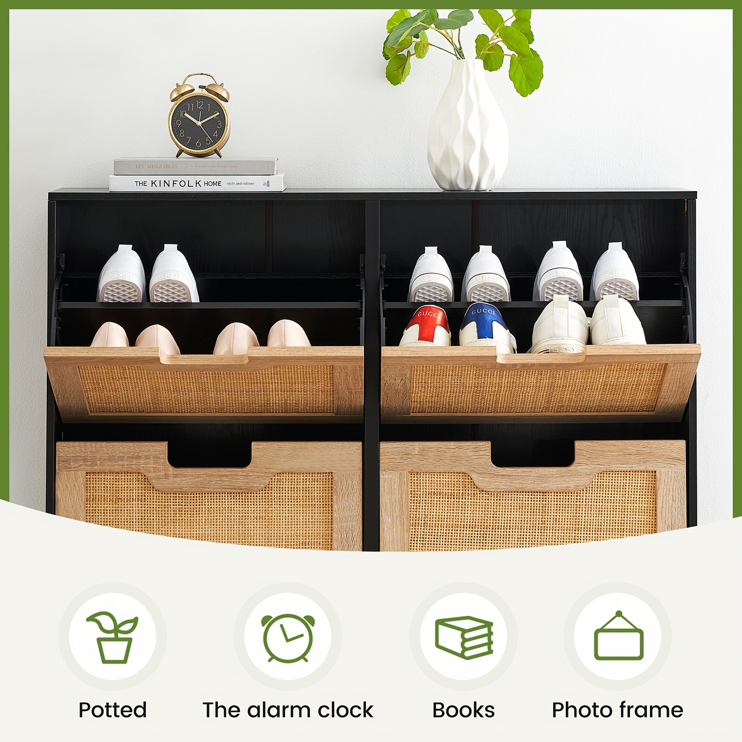 Natural Rattan Shoe Cabinet Organizer with Flip Doors - Freestanding Entryway Storage Cabinet, Large Capacity Shoe Rack with 3-Tier Adjustable Shelves, Space-Saving Modern Hallway Organizer for Living Room, Bedroom, Office -