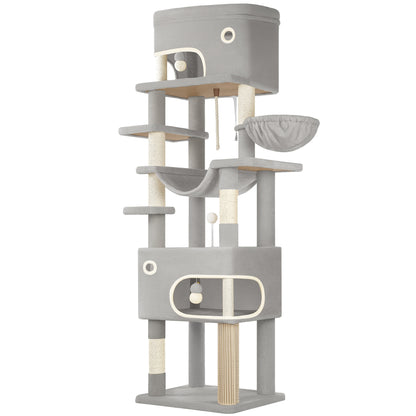 Kattenboom – Krabpaal – Klimpaal – Kattenhuis – Speelparadijs – Lichtgrijs – 203 cm Hoog – 7 Sisal Krabpalen & 2 Ruime Holletjes