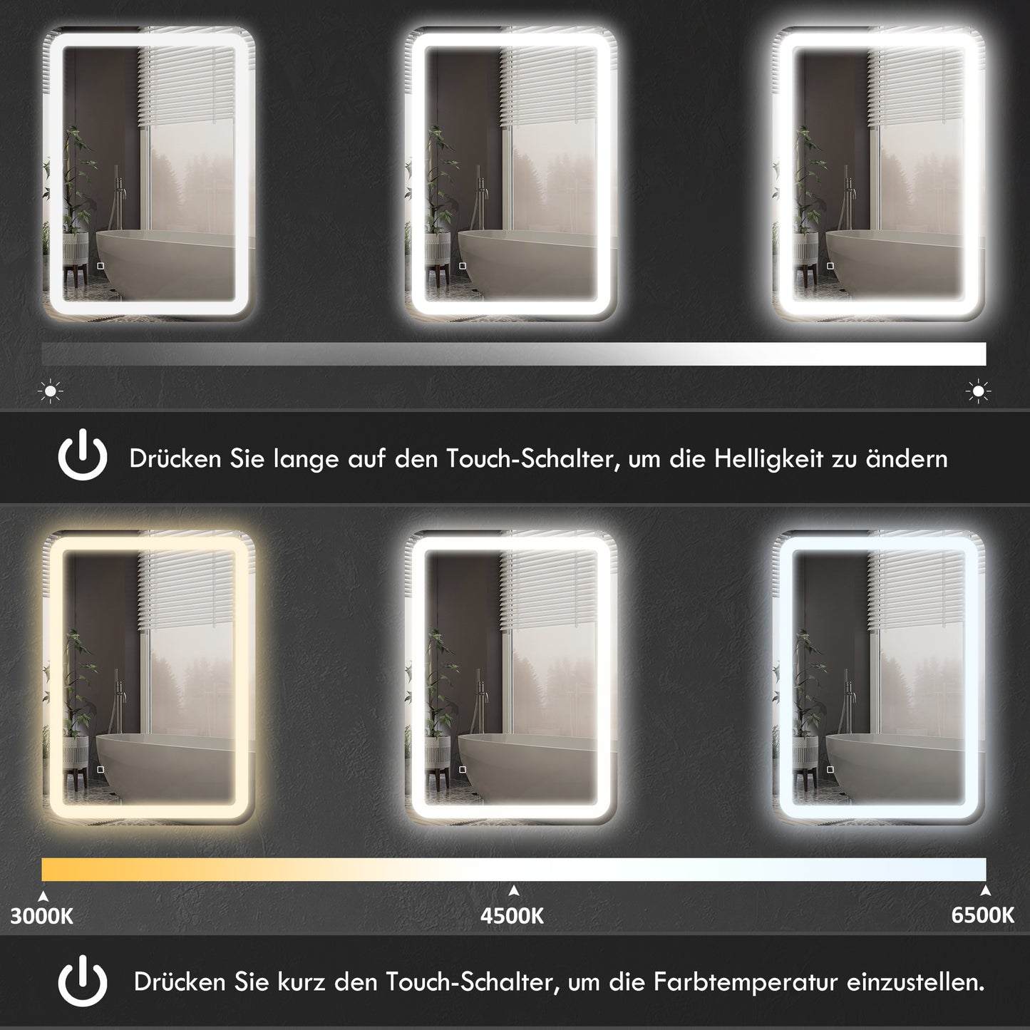 Bathroom Mirror, Illuminated, Touch Control, Fog-Free, Dimmable, 3 Light Colors, 50X70, Silvery