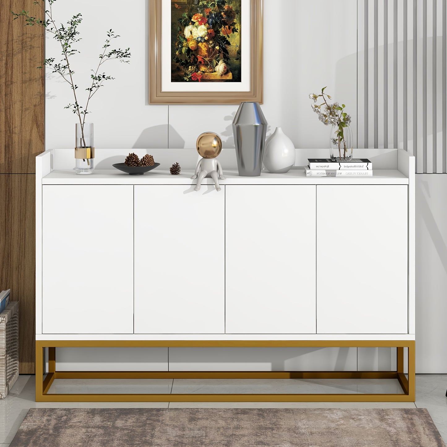 Modern Minimalist Four-Door Handleless Dining Cabinet - Metal Frame with Golden Legs, White Finish for Kitchen, Living Room & Dining Room Storage