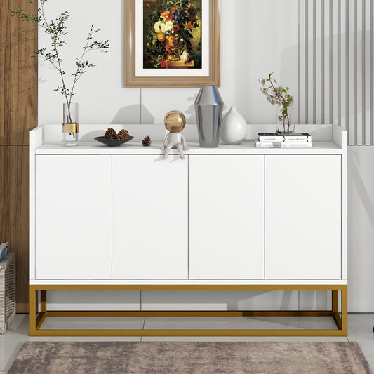Modern Minimalist Four-Door Handleless Dining Cabinet - Metal Frame with Golden Legs, White Finish for Kitchen, Living Room & Dining Room Storage