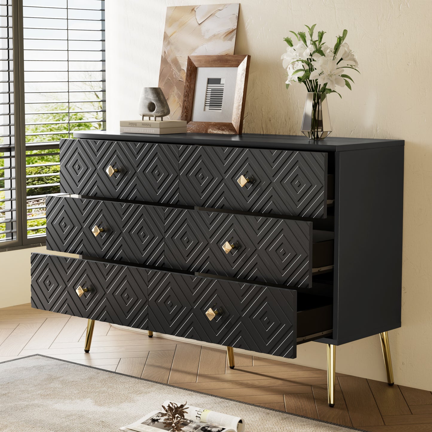 Ladekast – Kommode – Opbergkast – Dressoir – Zwarte Ladekast – 6 Ruime Lades – Gouden Metalen Poten