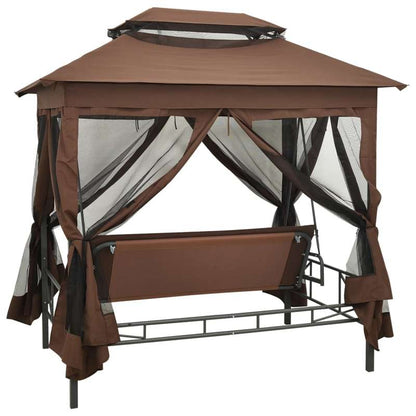 Schommelbank – Tuinschommel – Hollywoodschommel – Tuinbank – Schommelstoel – Verstelbare Luifel – Weerbestendig Stalen Frame – Inclusief 4 Comfortkussens – 220x160x240 cm – Koffiebruin