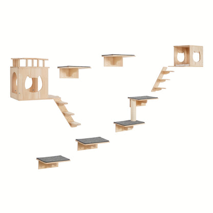 kattenwandplanken – kattenrennen – kattenhuis – kattenkooi – kattenverblijf – 9-delige set – duurzaam hout – multifunctioneel klimplezier