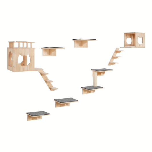 kattenwandplanken – kattenrennen – kattenhuis – kattenkooi – kattenverblijf – 9-delige set – duurzaam hout – multifunctioneel klimplezier