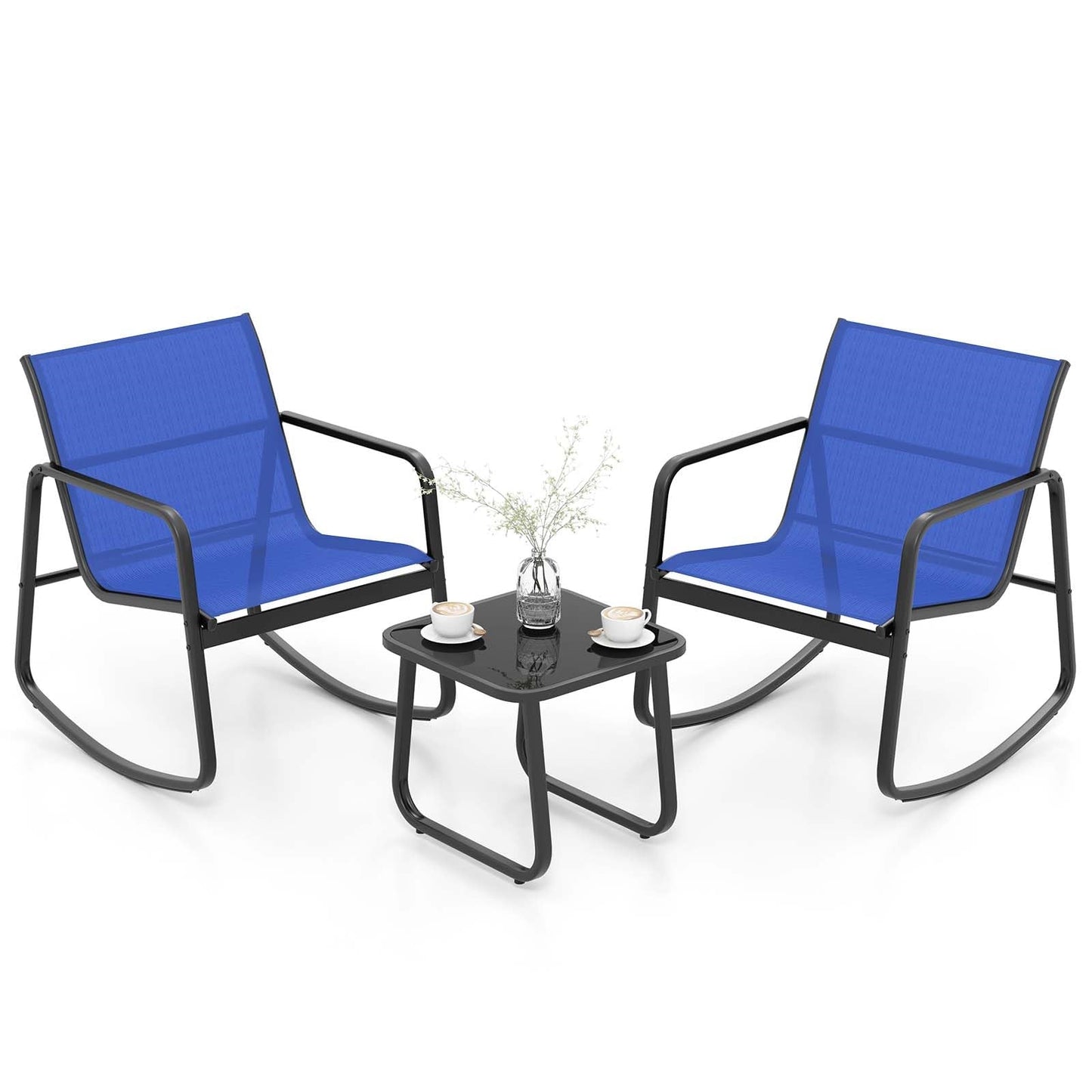 3-Delige Tuinset – Balkonset – Loungeset – Terrasmeubilair – Tuinstoelenset – Zachte Schommelbeweging – Sneldrogende Ademende Stof – Blauw