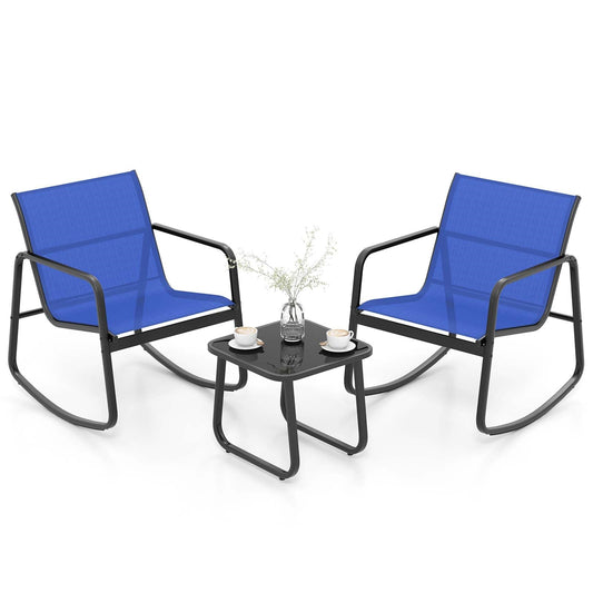 3-Delige Tuinset – Balkonset – Loungeset – Terrasmeubilair – Tuinstoelenset – Zachte Schommelbeweging – Sneldrogende Ademende Stof – Blauw