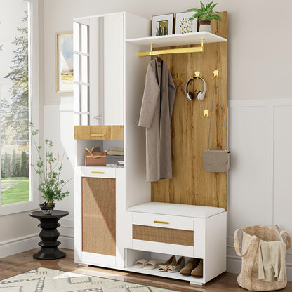 Kledingkast met Kaptafel – Garderobekast – Spiegelkast – Opbergkast – Schoenenkast – Wit – Bamboe Materiaal – 6 Gouden Kapstokken – Ruime Spiegel & Zithoek