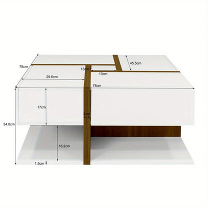 Salontafel – Koffietafel – Woonkamertafel – Bijzettafel – Tafel – Hoogglans Wit met Gouden Accenten – 78x78x34,8 cm – 4 Lades + Extra Opbergruimte