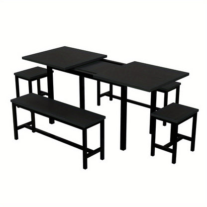 Eettafel Set – Eetkamerset – Keukentafel Set – Zitgroep – Uitschuifbare Tafel – 160x70x75 cm – Inklapbaar – Zwart – Stevig Metalen Frame – Ruimtebesparend Modern Design