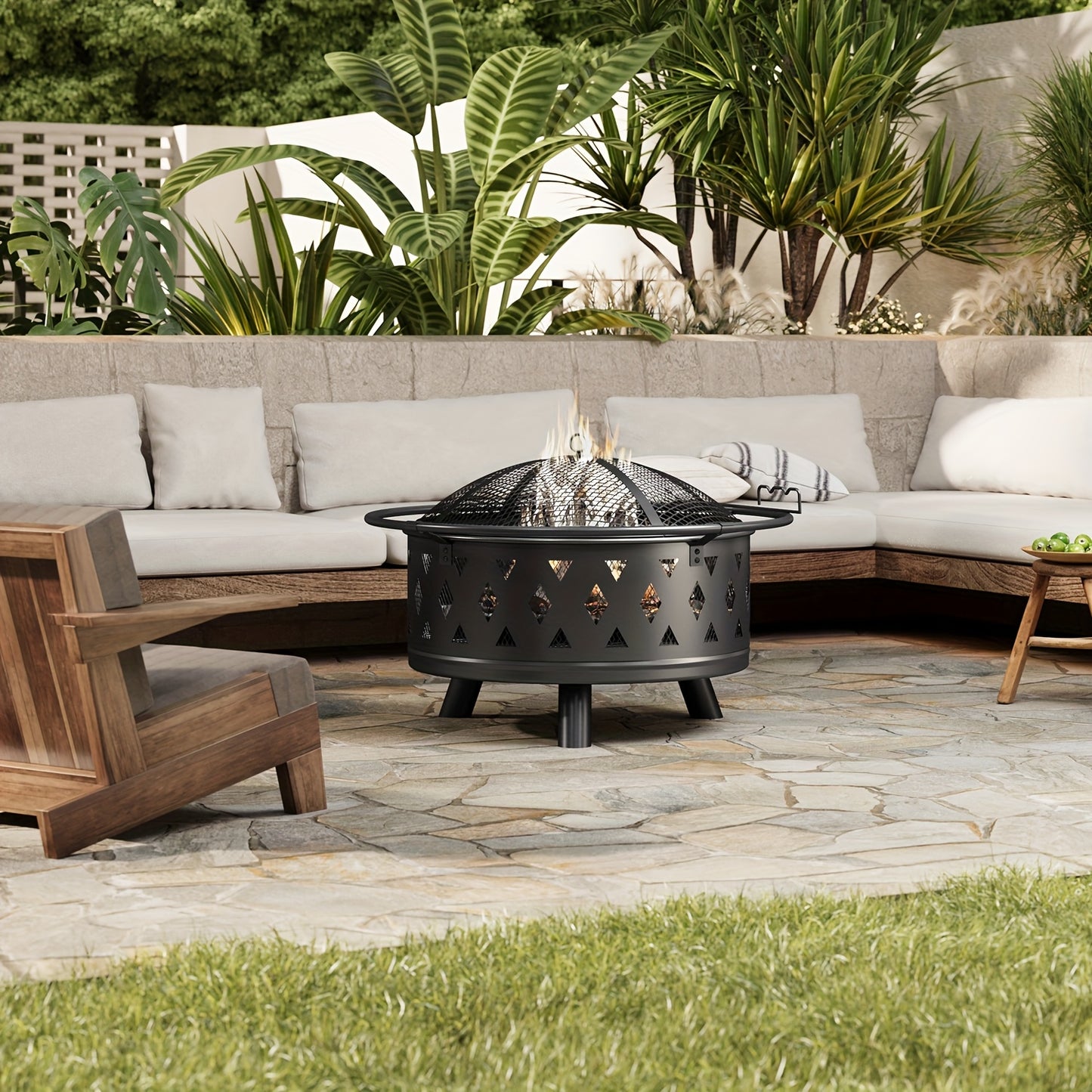 Vuurkorf – Tuinhaard – Buitenhaard – Terrashaard – Barbecuekorf – Zwart – Diameter 76 cm – Inclusief Grill en Sprankelvanger