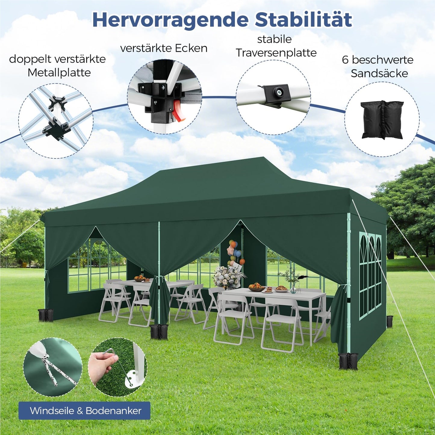 Paviljoen – Tuinpaviljoen – Partytent – Tent – Overkapping – Waterdicht – UV Bescherming 50+ – 3 x 6 Meter – Inclusief 6 Zijwanden en Zandzakken – Groen