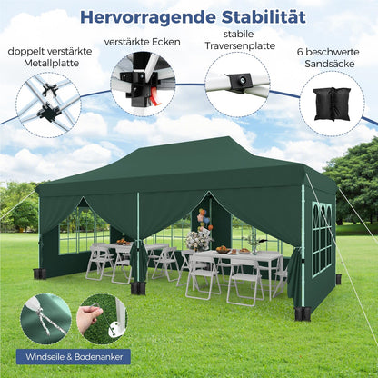 Paviljoen – Tuinpaviljoen – Partytent – Tent – Overkapping – Waterdicht – UV Bescherming 50+ – 3 x 6 Meter – Inclusief 6 Zijwanden en Zandzakken – Groen