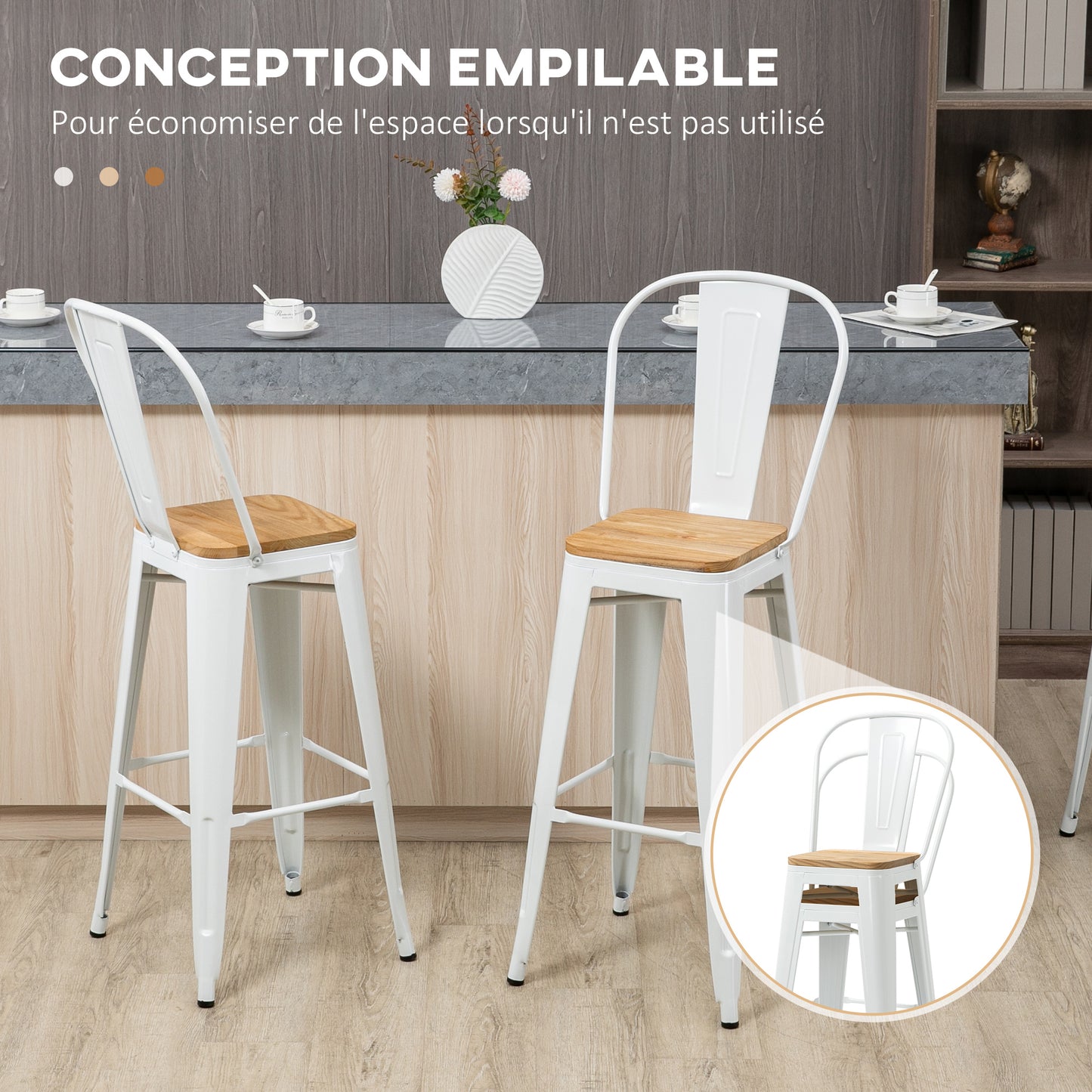 Barkruk – Barstoel – Kruk – Barkrukken Set – Industrieel Design – Met Rugleuning – Met Voetsteun – Set Van 4 – Stijlvol Wit Metalen Frame – Houten Zitting – Zithoogte 76 cm
