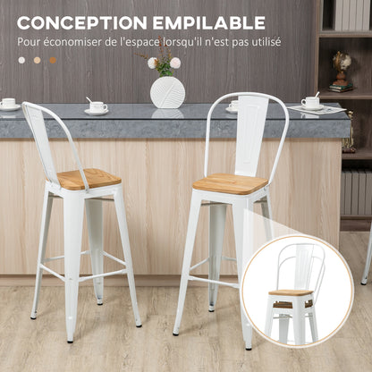 Barkruk – Barstoel – Kruk – Barkrukken Set – Industrieel Design – Met Rugleuning – Met Voetsteun – Set Van 4 – Stijlvol Wit Metalen Frame – Houten Zitting – Zithoogte 76 cm