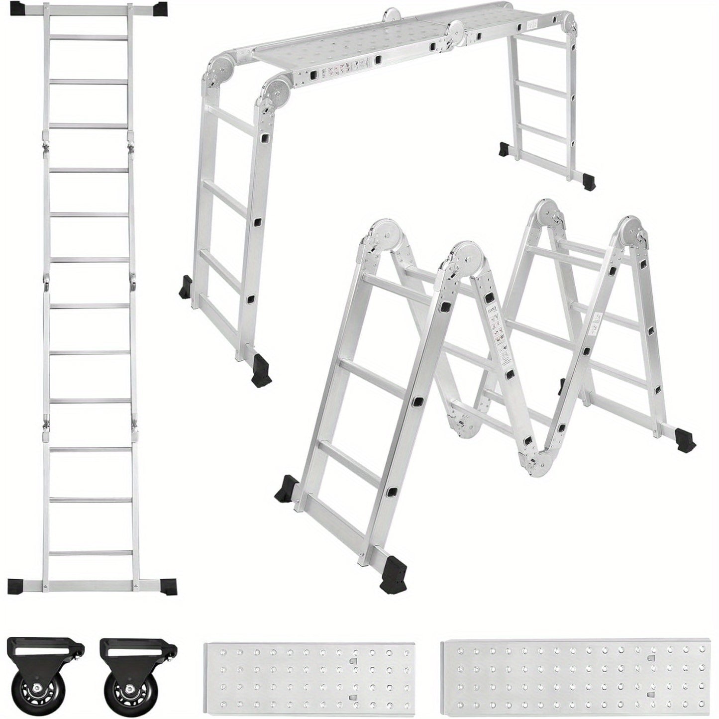 Multifunctionele Ladder – Aluminium Ladder – Vouwladder – Steigerladder – Werkplatform Ladder – 580cm 4x5 Sprossen – Lichtgewicht & Met 2 Afneembare Werkplatforms en Wielen