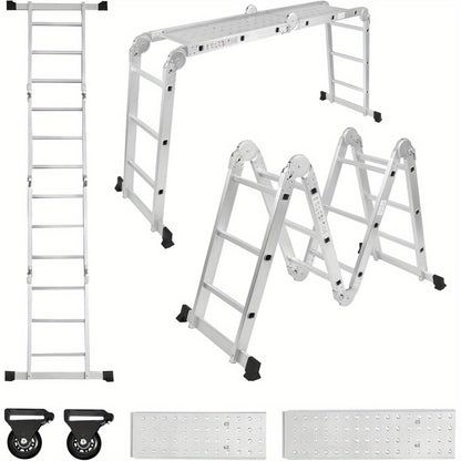 Multifunctionele Ladder – Aluminium Ladder – Vouwladder – Steigerladder – Werkplatform Ladder – 580cm 4x5 Sprossen – Lichtgewicht & Met 2 Afneembare Werkplatforms en Wielen