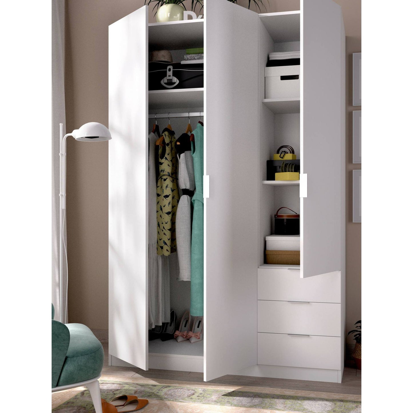 Wardrobe 3 Doors in Front of Astru, Mobile Hangers for Bedroom, 3-Drawer Wardrobe, 121X52H184 Cm, Available in 3 Colors