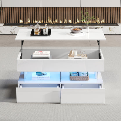 Salontafel – Koffietafel – Tafel – Woonkamertafel – Bijzettafel – Verstelbare Hoogte – Uitschuifbare Opbergruimte – Glanzend Wit – Lift-Top Mechanisme