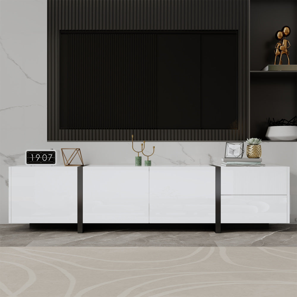 tv-meubel – tv-kast – tv-dressoir – media meubel – entertainment unit – modern wit design – duurzaam materiaal zonder hout – met zwarte poten – veel opbergruimte – minimalistisch – eenvoudig te monteren