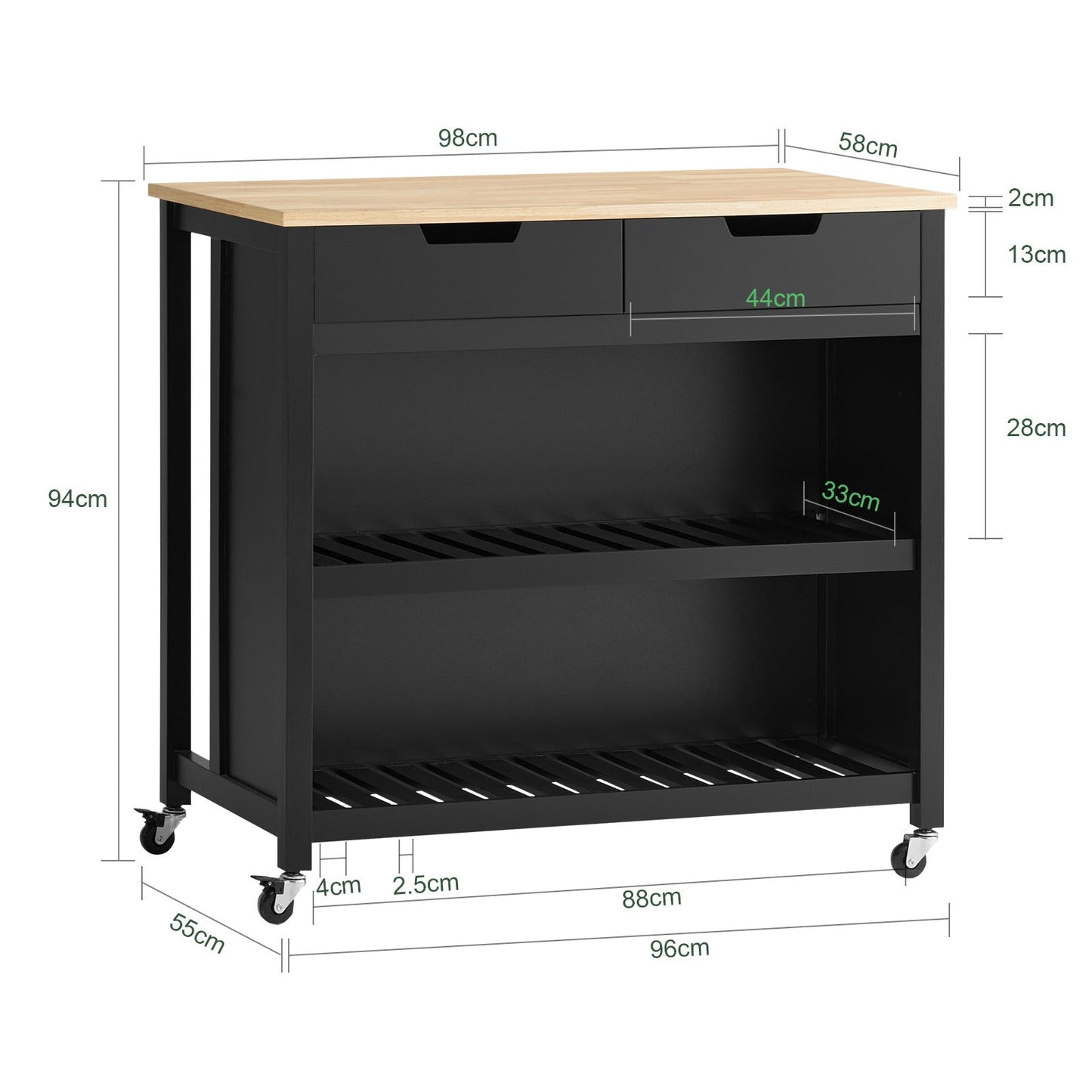Keukentrolley – Keukenwagen – Serveerwagen – Keukenrek – Roltafel – MDF Materiaal – Groot Werkblad 98x58 cm