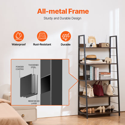 Metalen Boekenplank – Boekenkast – Plankenrek – Opbergkast – Display Rek – 5 Lagen – Stabiel Metalen Frame – Krasbestendige Bruine Afwerking