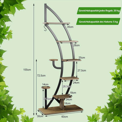 Plantenrek metaal – plantenhouder – plantenstandaard – plantenrek ladder – bloemenrek – 6 niveaus – mat zwart staal – antislip voeten