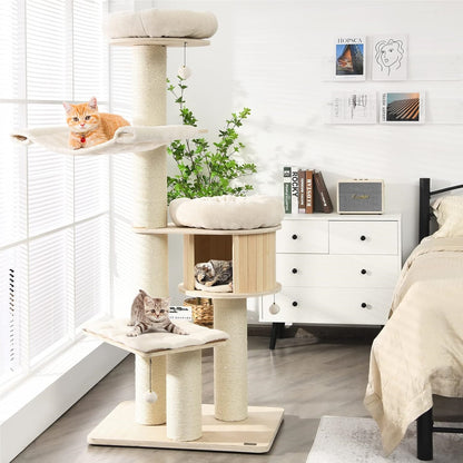 Krabpaal – Kattenboom – Kattenkrabpaal – Krabmeubel – Kattenhuis – 174 cm Hoog – Massief Houten 4-Laags Met Sisal Krabpalen En Hangmat