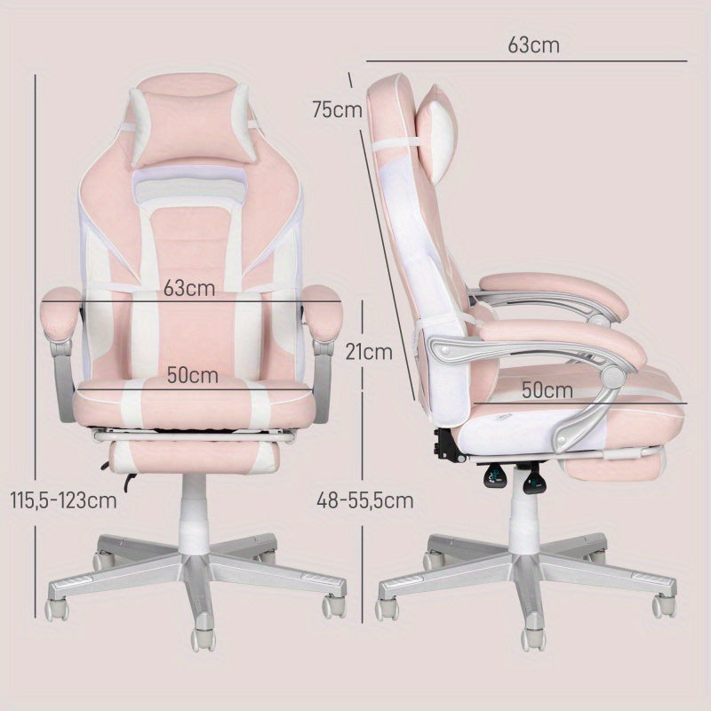 Gamingstoel – Gamestoel – Gaming Chair – Bureaustoel – Game Stoel – Ergonomisch Design – Verstelbare Hoogte 48-55,5 cm – Roze PU Leder – Met Lenden- en Neksteun – Max 120 kg – 360° Draaibaar