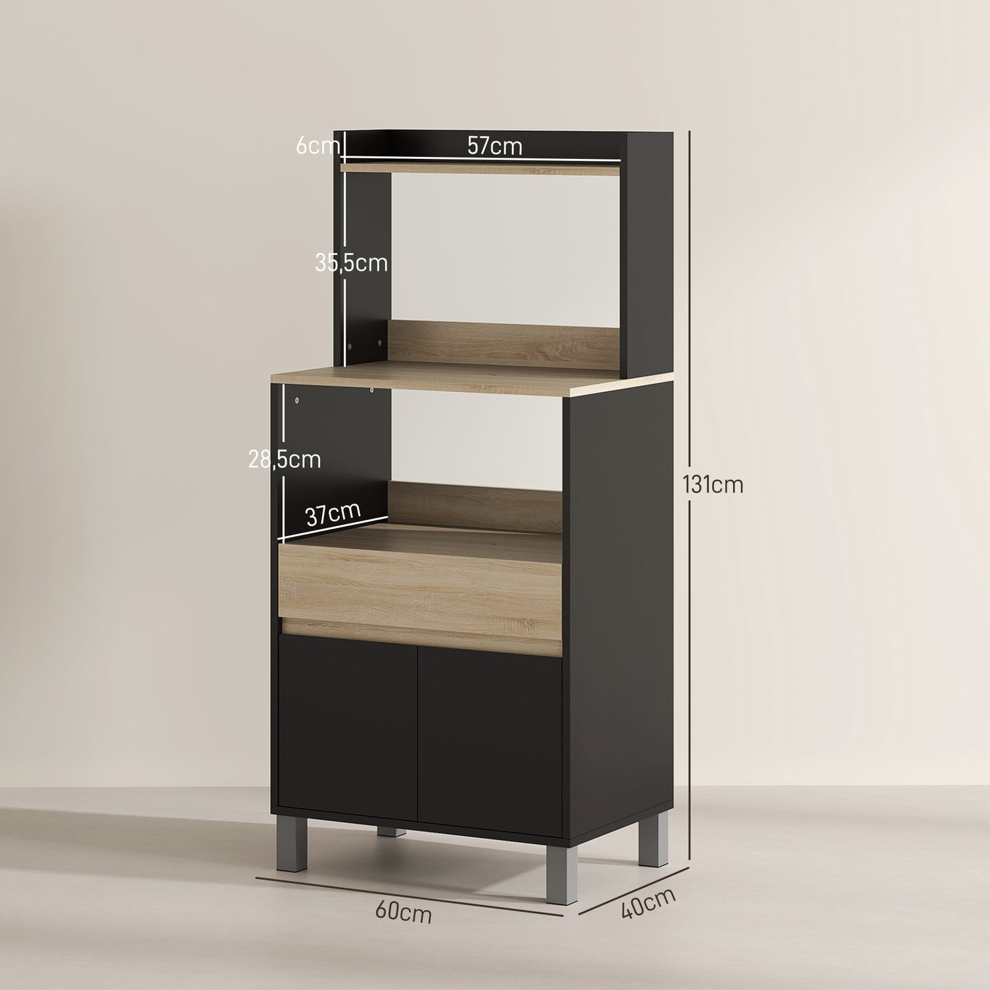 Microwavekast – Keukenkast – Opbergmeubel – Buffetkast – Servieskast – Scandinavisch Design – 60x40x131 cm – Melamine Coating