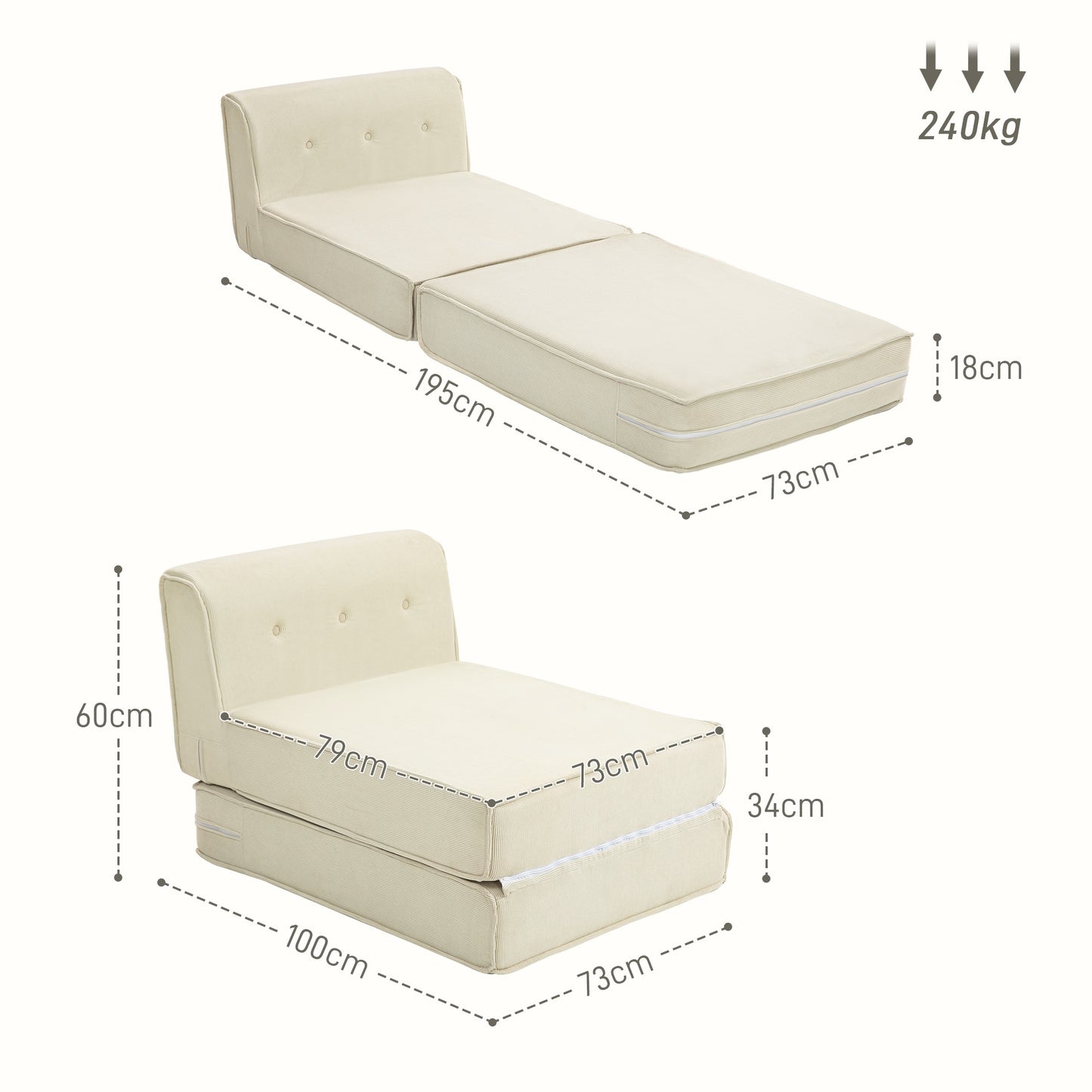 Vloerstoel – Zitzak – Opvouwbare Fauteuil – Slaapstoel – Relaxstoel – Velvet Polyester Bekleding – Draagkracht 240 Kg – 195x73 cm Uitklapbaar Matras