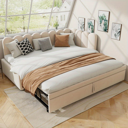 Slaapbank – Bedbank – Logeerbed – Sofa – Bank – L-vormig – Roze Velvet – Uittrekbaar Bed – 140x200 cm – Bloemvormige Rugleuning