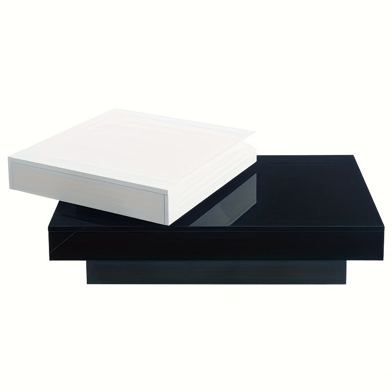 Uitbreidbare Salontafel – Draaibare Tafel – Woonkamertafel – Uitschuifbare Tafel – Moderne Lounge Tafel – Glanzend Wit Met Zwarte Witte Stiksels – Dubbele Laag Met Bamboe Materiaal