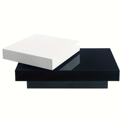 Uitbreidbare Salontafel – Draaibare Tafel – Woonkamertafel – Uitschuifbare Tafel – Moderne Lounge Tafel – Glanzend Wit Met Zwarte Witte Stiksels – Dubbele Laag Met Bamboe Materiaal