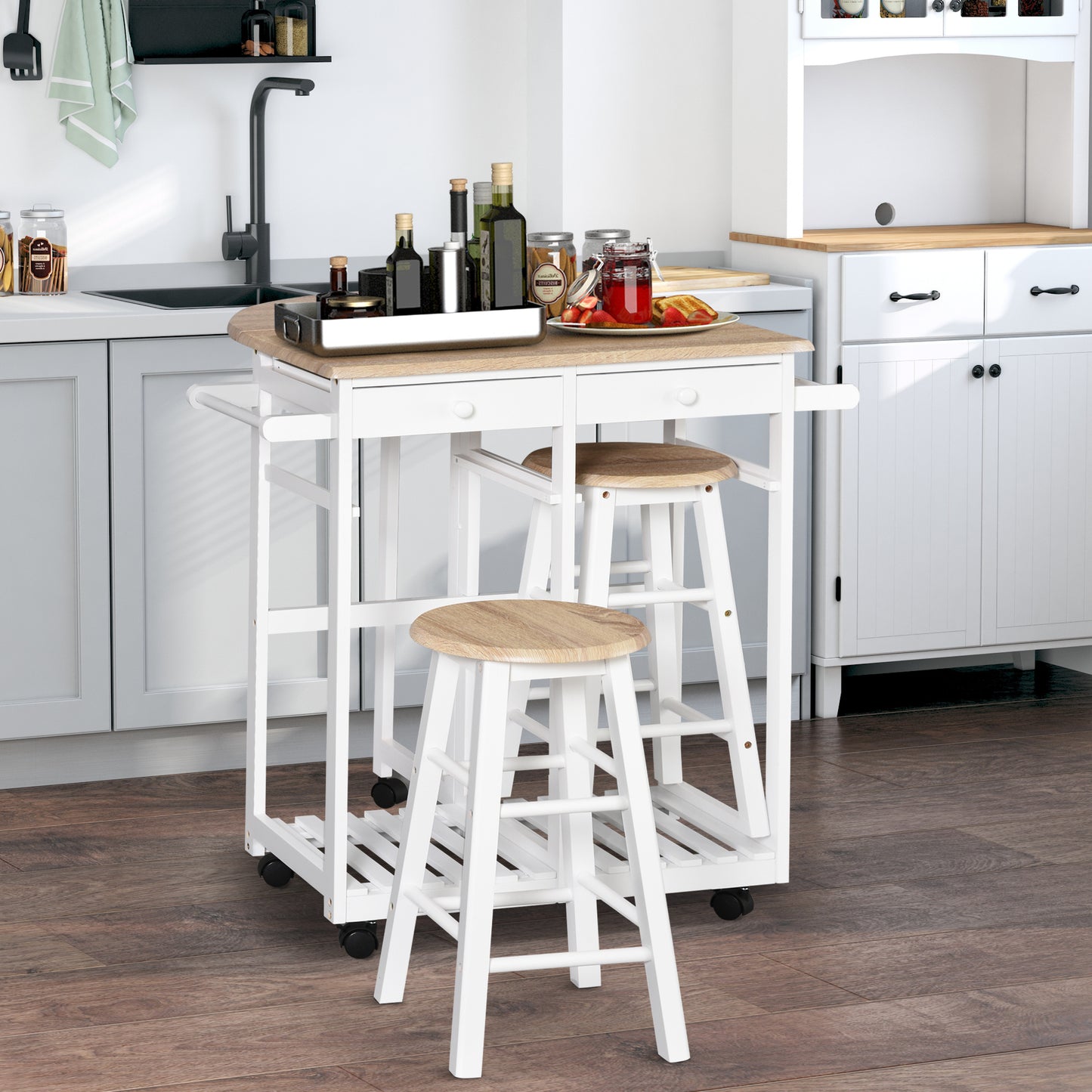 Bar Tafel Set – Barkrukset – Serveertafel – Bar Meubel – Keukentafel – Met Wielen En Opbergruimte – Pine MDF Wit Eiken – Compact En Mobiel