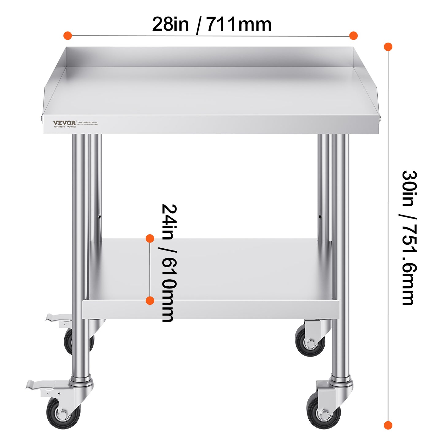 Roestvrijstalen Werktafel – RVS Keukentafel – Voedselbereidingstafel – Commerciële Werkbank – Mobiele Werktafel – 61x71x76 cm – 4 Wielen met Remmen